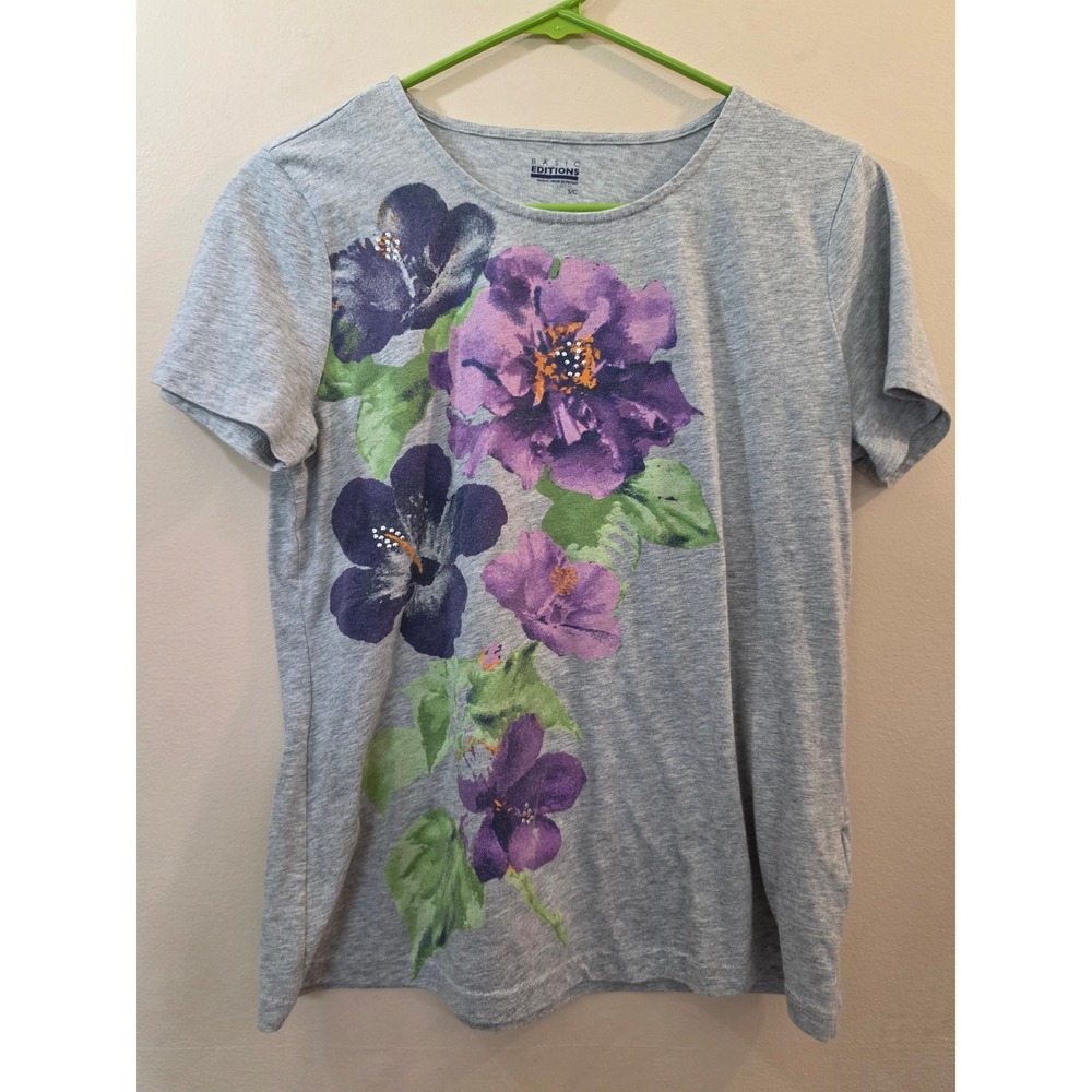 Basic Editions Womens Gray Floral Graphic T-Shirt Short Sleeve Purple Flowers S